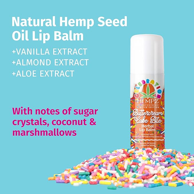 HEMPZ Natural Lip Balm - Buttercream Cake - Hemp Seed Oil, Shea Butter, Coconut & Avocado Oil with Vanilla, Sugarcane, Sweet Almond Moisturizing Lip Care Hydrating Lip Repair Balm - 0.5 oz Stick-Velvo Beauty
