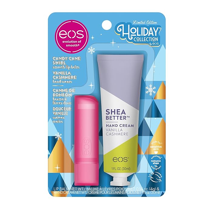 eos Holiday Skin Care Set- Vanilla Cashmere Travel Hand Cream & Candy Cane Swirl Lip Balm, Stocking Stuffers, 1 fl oz Hand Cream + 0.14 oz Lip Balm, 2-Pack-Velvo Beauty