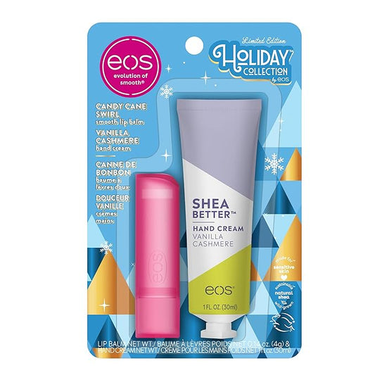 eos Holiday Skin Care Set- Vanilla Cashmere Travel Hand Cream & Candy Cane Swirl Lip Balm, Stocking Stuffers, 1 fl oz Hand Cream + 0.14 oz Lip Balm, 2-Pack-Velvo Beauty