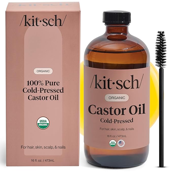 Kitsch Organic Castor Oil for Hair Growth - 100% Pure Castor Oil, Organic Cold Pressed Unrefined Glass Bottle for Face, Skin, Lashes, Brows, Scalp, Nails & Belly Button - Hexane Free, USDA - 16 oz-Velvo Beauty