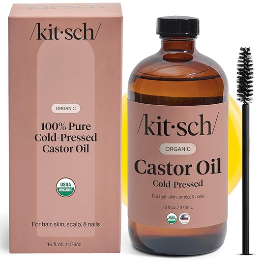 Kitsch Organic Castor Oil for Hair Growth - 100% Pure Castor Oil, Organic Cold Pressed Unrefined Glass Bottle for Face, Skin, Lashes, Brows, Scalp, Nails & Belly Button - Hexane Free, USDA - 16 oz-Velvo Beauty