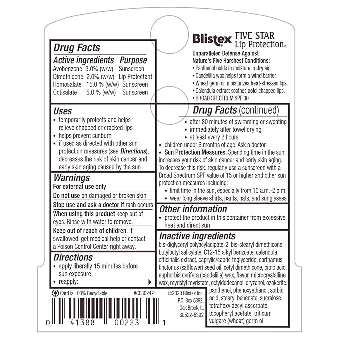 Blistex Five Star Lip Protection Balm, 0.15 Ounce – Wind & Water-Resistant Lip Care, Broad Spectrum SPF 30 Sun Protection, Soothes Cold Chapped Lips, Hydrating Lip Treatment, Holds in Moisture-Velvo Beauty