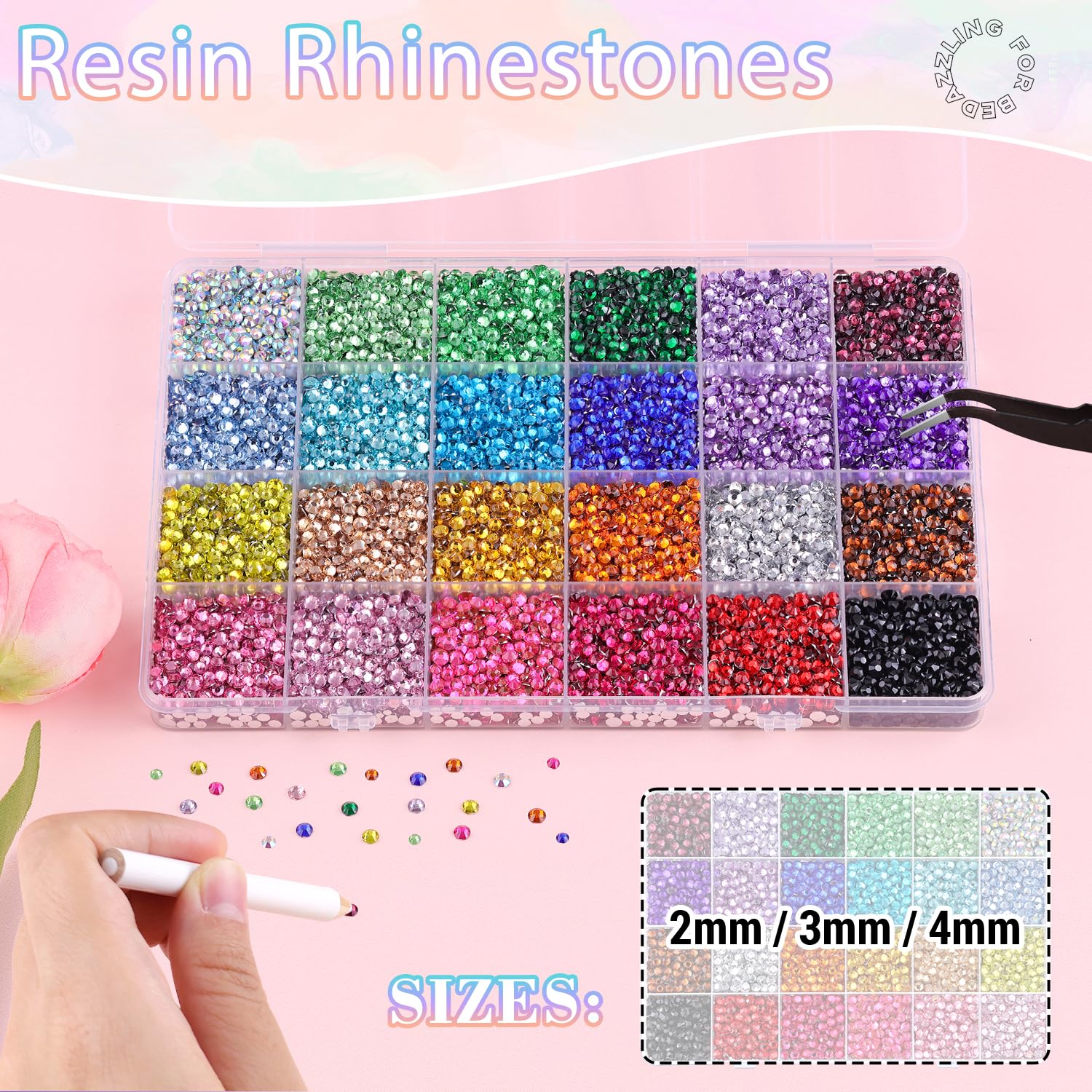 22000Pcs Resin Rhinestones for Bedazzling with 3Pcs B7000 Jewelry Glue, Multicolor 2/3/4mm Flatback Gems Rhinestones for Crafting, Clothing Tumblers Mugs Shoes Fabric Decor Nail Art-Velvo Beauty