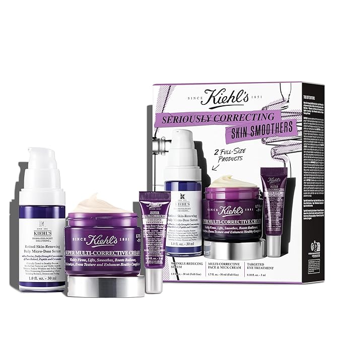 Kiehl's Seriously Correcting Skin Smoothers Skincare Gift Set – 3 Piece Skincare Routine Set with Wrinkle Reducing Face Moisturizer, Retinol Facial Serum & Anti-Aging Eye Cream-Velvo Beauty