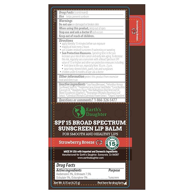 SPF Lip Balm 4-Pack by Earth's Daughter - Lip Sunscreen, SPF 15, Organic Ingredients, Strawberry Flavor, Beeswax, Coconut Oil, Vitamin E - Hypoallergenic, Paraben Free, Gluten Free-Velvo Beauty