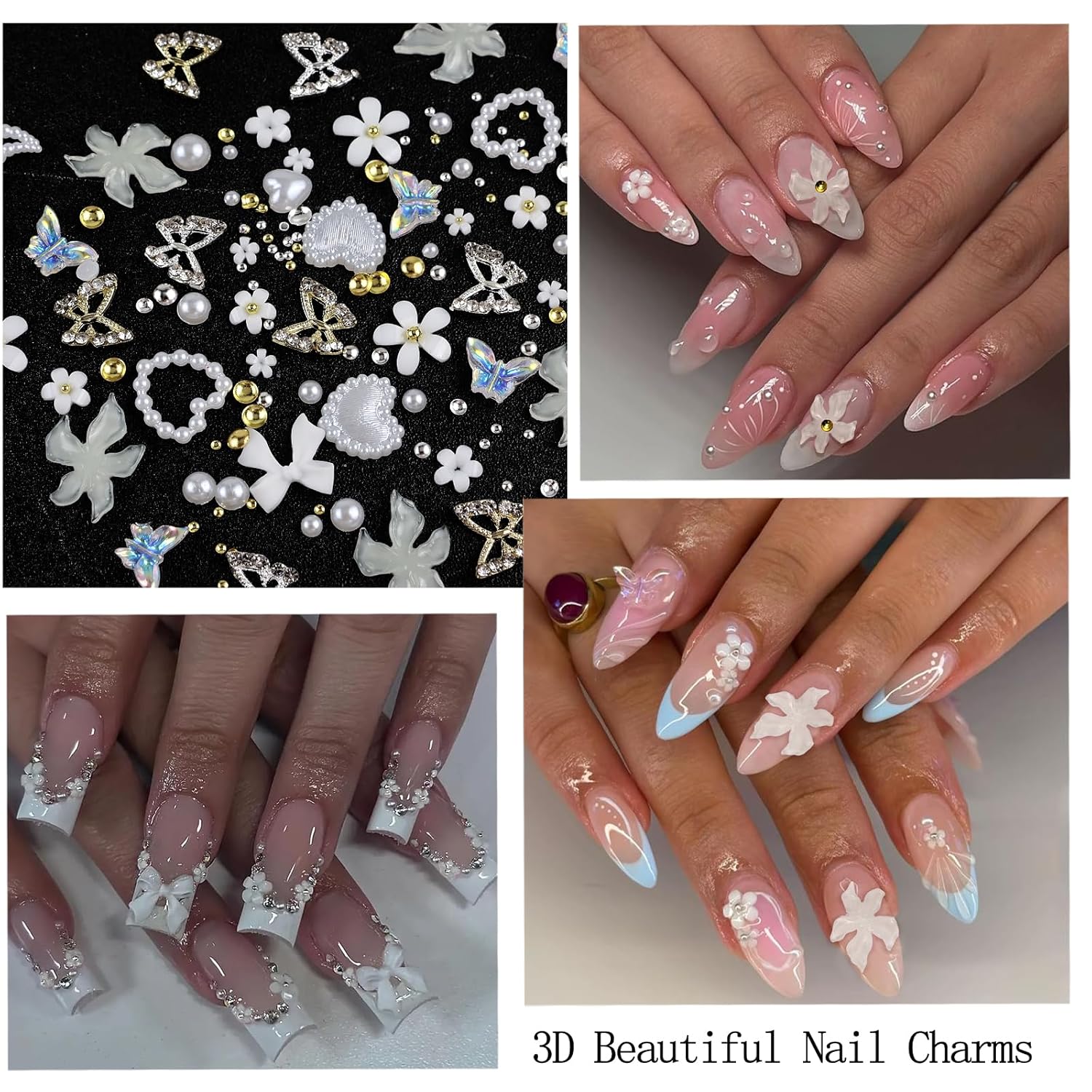 Nail Art Charms with Rhinestones Glue Gel White Flatback Pearls Flower Butterfly Nail Gems Supplies Accessories Gold Silver Nails Decoration Pearls for Women Nails Design-Velvo Beauty