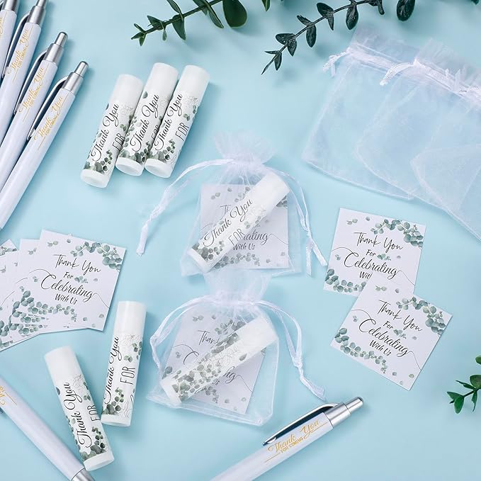50 Set Bulk Thank You Combo Gifts Include Lip Balms Appreciation Ballpoint Pen Thank You Card Organza Drawstring Gift Bag Pouch for Wedding Parties Baby Shower Favors, Eucalyptus Leaves Style-Velvo Beauty