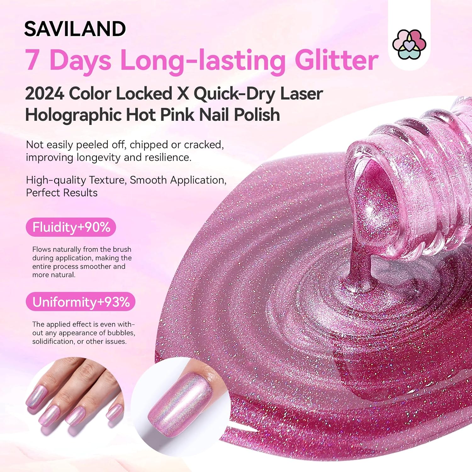 SAVILAND Holographic Nail Polish Pink: Metallic Chrome Nail Polish Air Dry Fast,10 ml/0.34 oz High Glossy Shimmer Glitter Nail Pigment Oil-based Fingernail Polish for Salon DIY Home for Women-Velvo Beauty