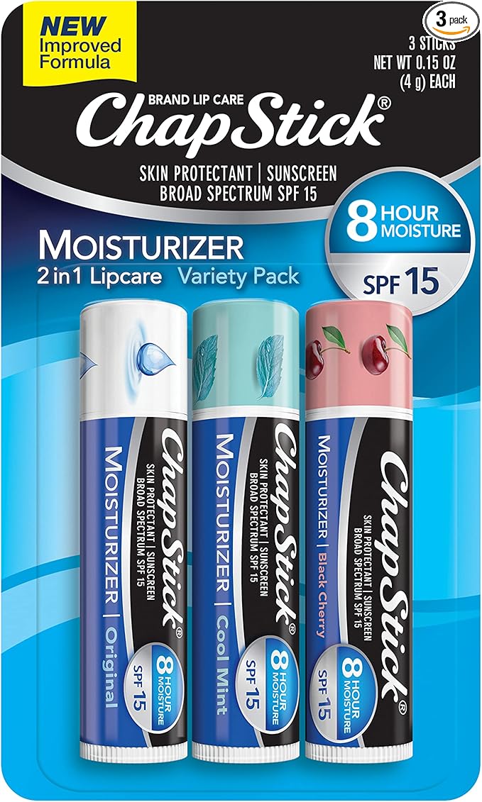 ChapStick Moisturizer Original, Black Cherry and Cool Mint Lip Balm Tubes Variety Pack, SPF 15 and Skin Protectant - 0.15 Oz (Pack of 3)-Velvo Beauty