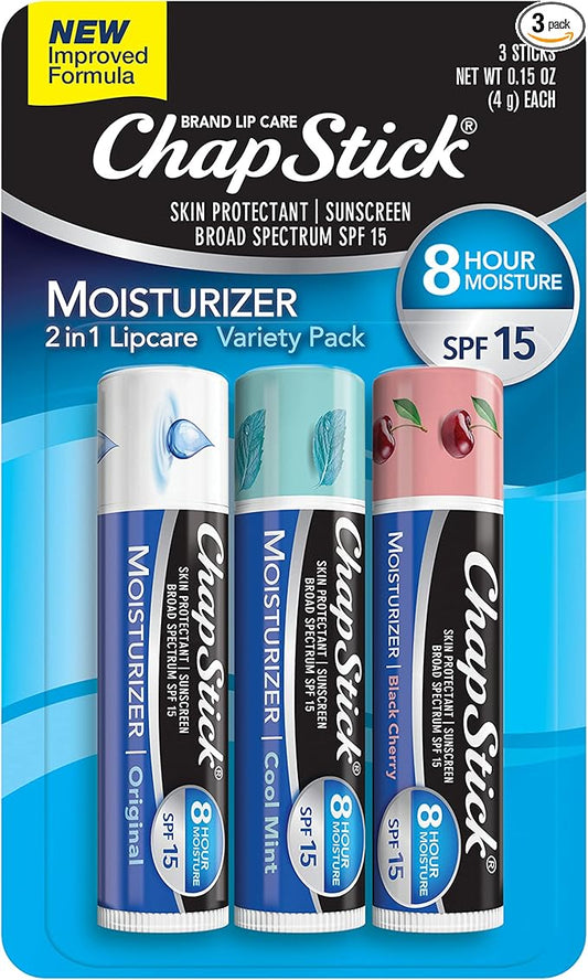 ChapStick Moisturizer Original, Black Cherry and Cool Mint Lip Balm Tubes Variety Pack, SPF 15 and Skin Protectant - 0.15 Oz (Pack of 3)-Velvo Beauty