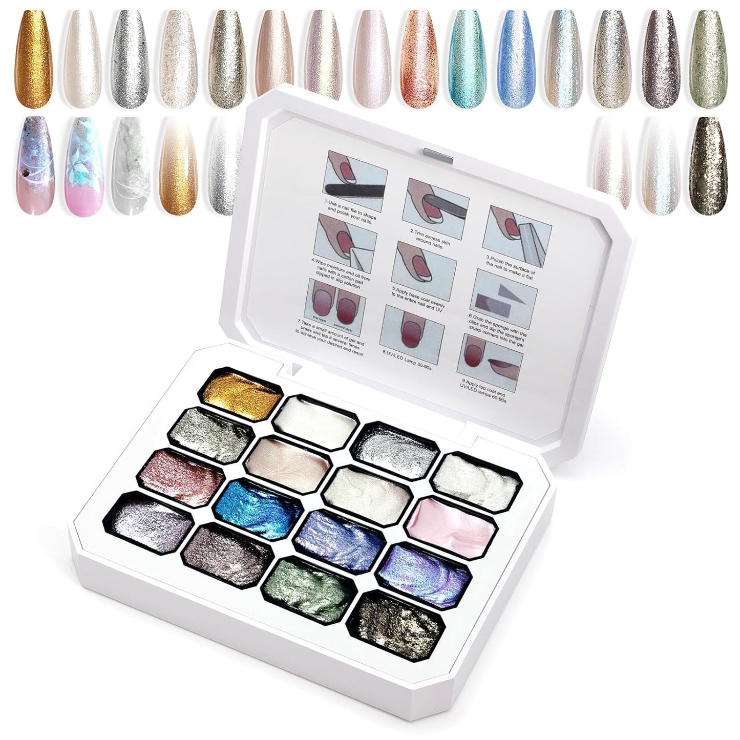 Gradient Painting Gel, 16 Gliter Colors Ombre Gel Nail Polish for Pigment Pat Silver&Gold Pink Blue Aurora color Bright Nails, French Manicure DIY Nail Art No-wipe Palette for Women-Velvo Beauty