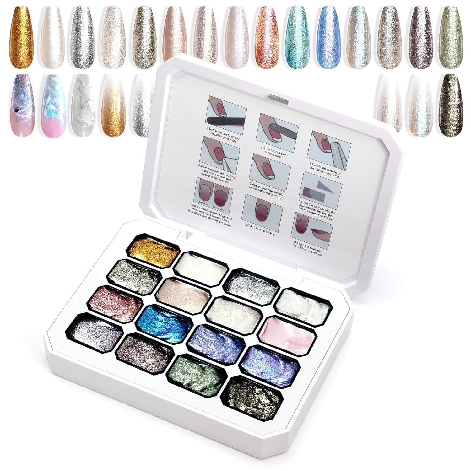 Gradient Painting Gel, 16 Gliter Colors Ombre Gel Nail Polish for Pigment Pat Silver&Gold Pink Blue Aurora color Bright Nails, French Manicure DIY Nail Art No-wipe Palette for Women-Velvo Beauty