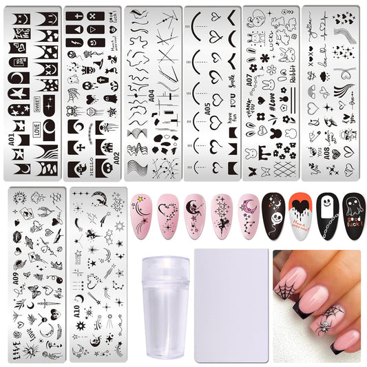 AddFavor Nail Stamper Kit 8pcs Nail Stamping Plates French Geometric Heart Star Image Nail Stencils with Silicone Stamp and Scraper for Women Girls Summer Nail Art Design Supplies Tools-Velvo Beauty