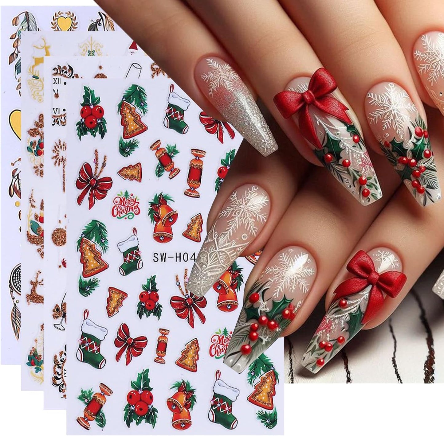 4Sheet Christmas Nail Art Stickers Santa Claus Elk Snowflake Nail Decals 3D Self-Adhesive Fireworks Clock Bow Designs Nail Supplies Winter Xmas Nail Sticker Nail Art for Women DIY New Year Nail Decor-Velvo Beauty