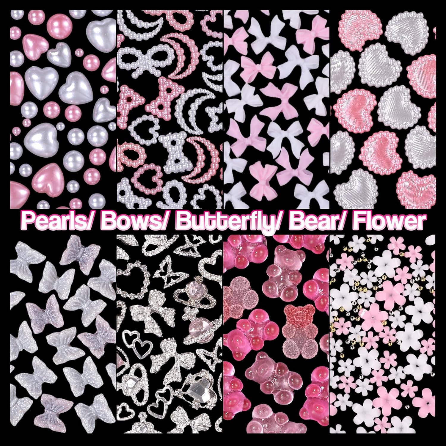 Silver Nail Gems Charms, 3D Pink Color Nail Art Charms, Acrylic Blossom Tiny Flowers Flatback Multi Styles Pearls Nail Charms Planet Heart Butterfly Nail Diamond Charms for Nails Manicure DIY Crafts-Velvo Beauty