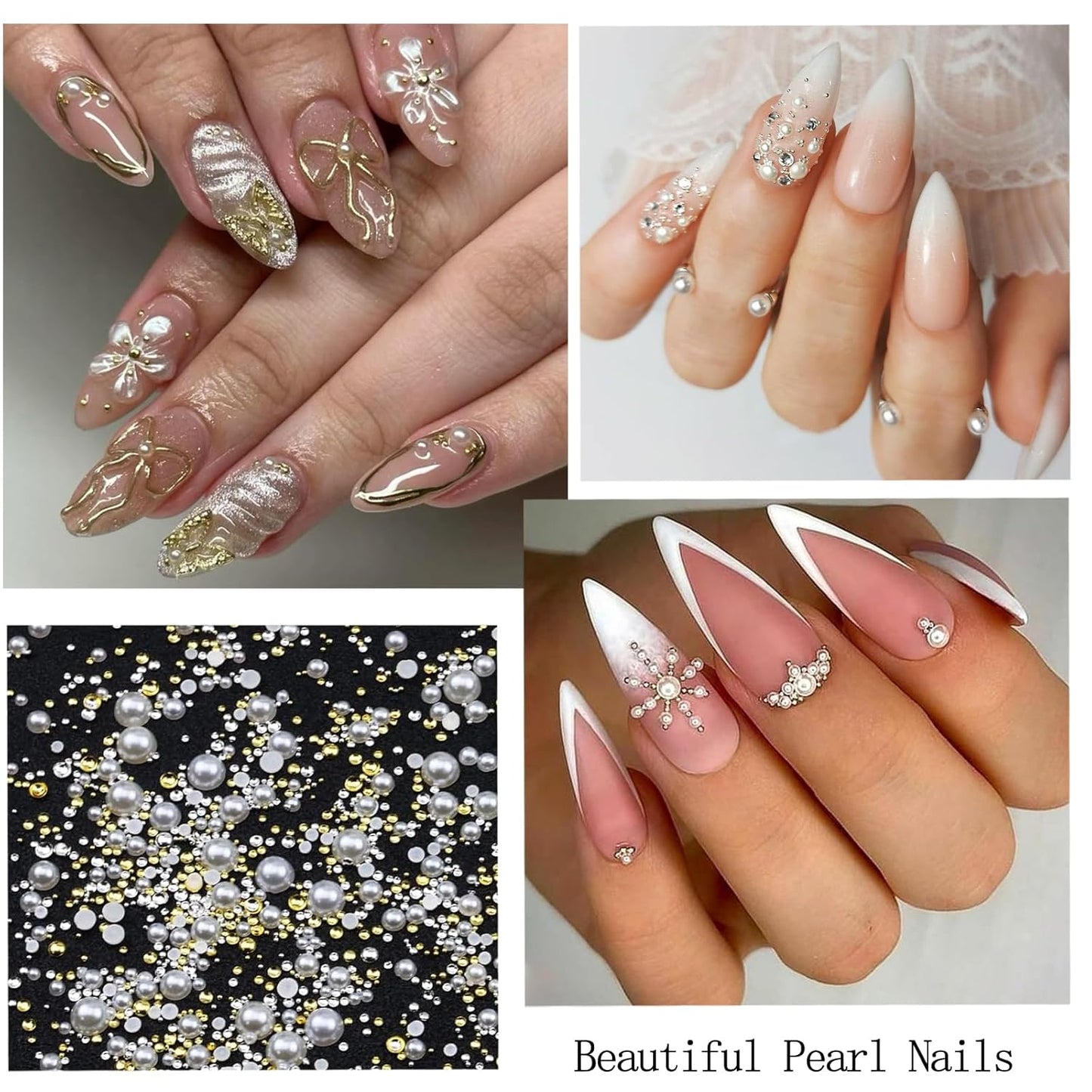 Nail Art Charms with Rhinestones Glue Gel White Flatback Pearls Flower Butterfly Nail Gems Supplies Accessories Gold Silver Nails Decoration Pearls for Women Nails Design-Velvo Beauty