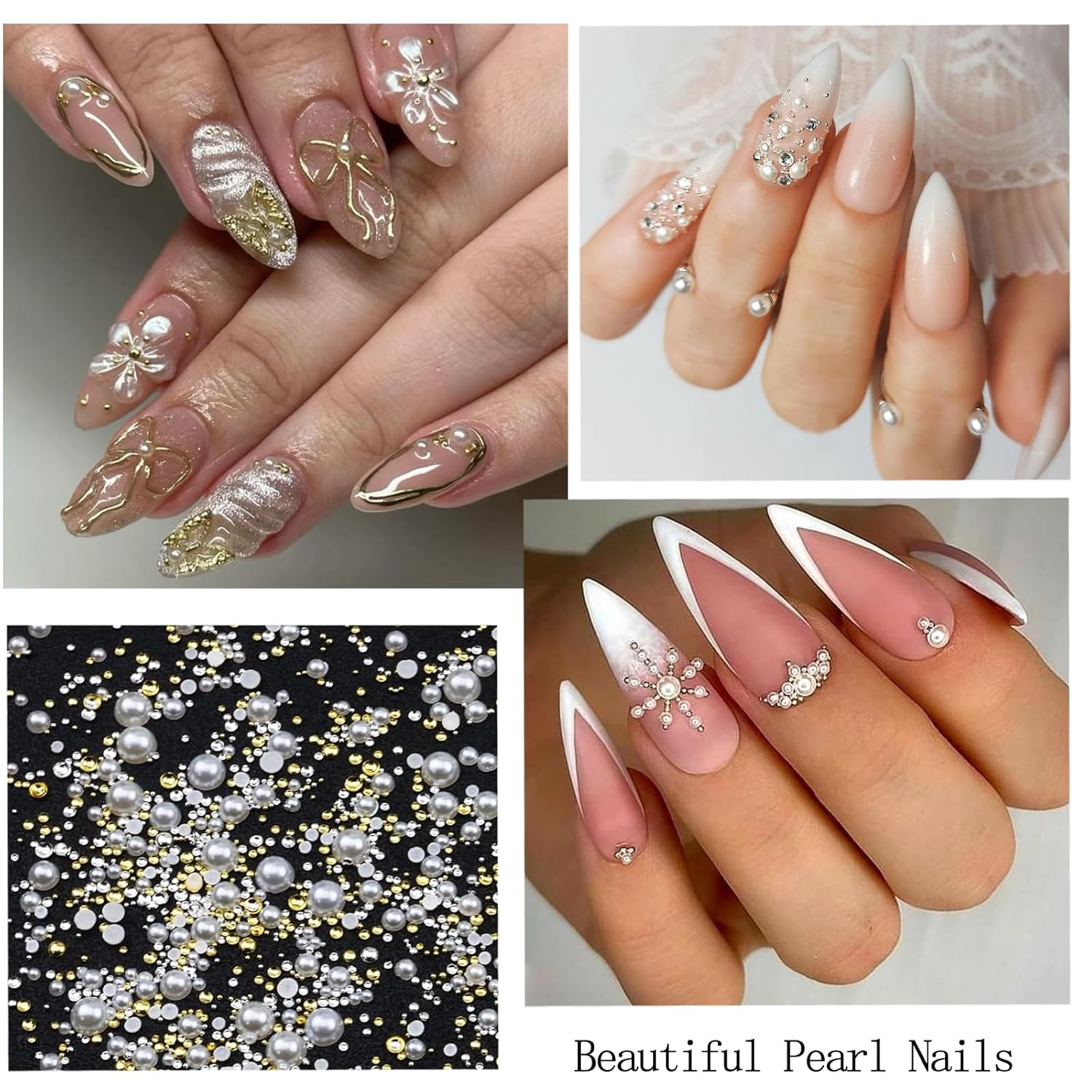 Nail Art Charms with Rhinestones Glue Gel White Flatback Pearls Flower Butterfly Nail Gems Supplies Accessories Gold Silver Nails Decoration Pearls for Women Nails Design-Velvo Beauty