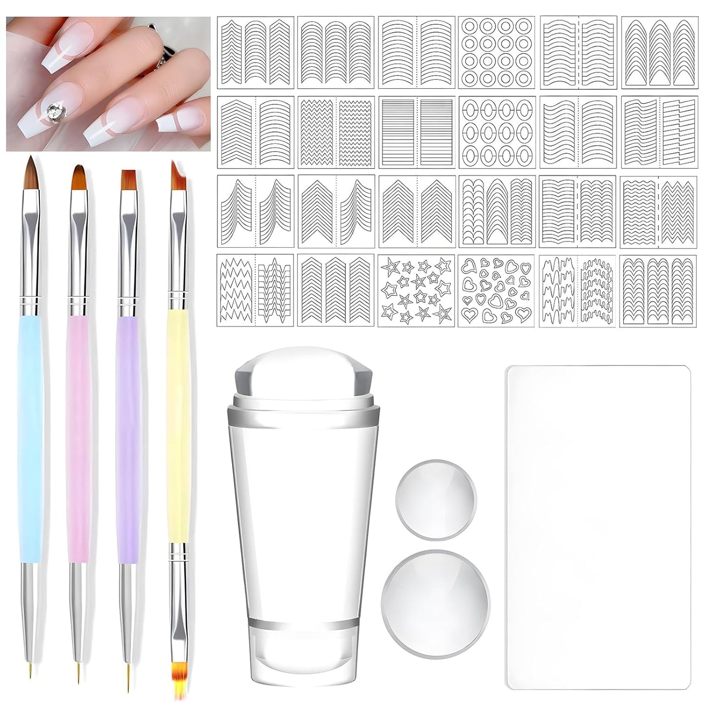 French Tip Nail Stamp Kit – Complete French Nail Art Set with Nail Guide Stickers, Nail Art Brush and Dual Head Silicone Stamper | Perfect for DIY Nail Designs-Velvo Beauty
