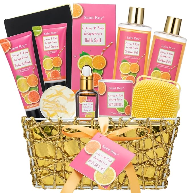 Bath & Body Gift Set, Luxury Home Spa Bath Gift Basket Citrus & Pink Grapefruit Spa Kit Gift Woman, 11 Pcs Self Care Kit Gifts With Bubble Bath, Massage Oil, Bath Brush, Birthday Gifts for Women-Velvo Beauty