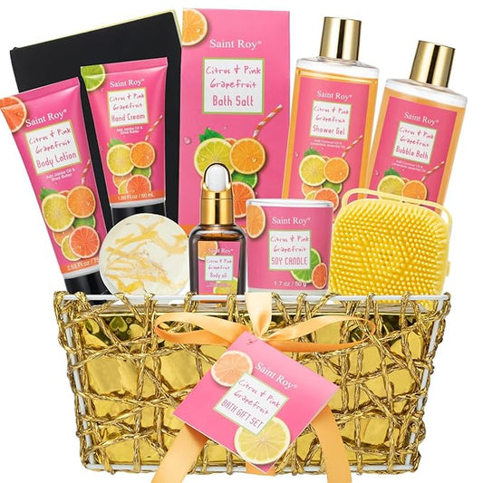 Bath & Body Gift Set, Luxury Home Spa Bath Gift Basket Citrus & Pink Grapefruit Spa Kit Gift Woman, 11 Pcs Self Care Kit Gifts With Bubble Bath, Massage Oil, Bath Brush, Birthday Gifts for Women-Velvo Beauty