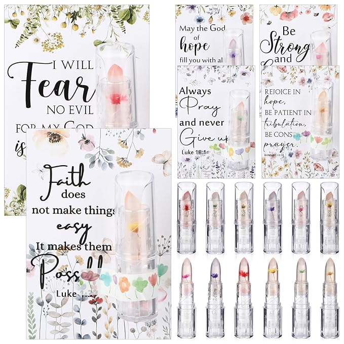 12 Sets Christian Lip Balms with Inspirational Bible Verse Card Bulk Gifts for Women Flower Sign Taste Lip Balm with Tag for Employee Coworker Teacher Family Church Wedding Favor-Velvo Beauty