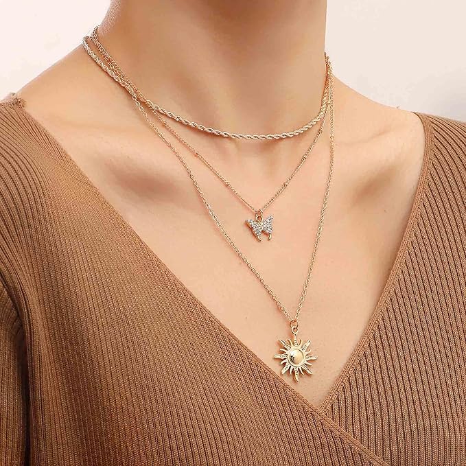 Bohemia Layered Sun Necklace Choker Crystal Butterfly Pendant Necklace Gold Rope Chain Necklace Vintage Sunflower Necklace Jewelry for Women and Girls-Velvo Beauty