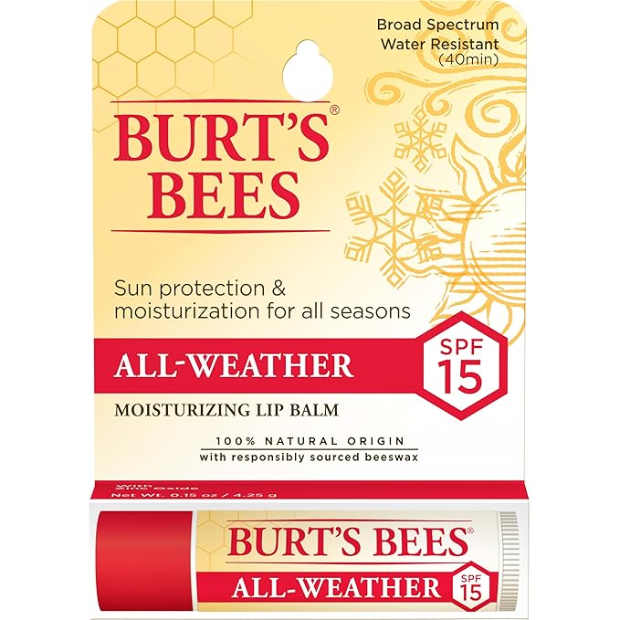 Burt's Bees All Weather SPF 15 Lip Balm, Water-Resistant Lip Moisturizer, Tint-Free, Natural Conditioning Lip Treatment, 1 Tube, 0.15 oz.-Velvo Beauty