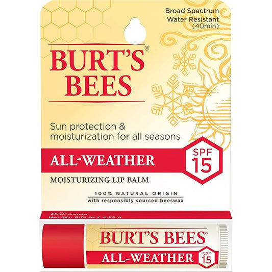 Burt's Bees All Weather SPF 15 Lip Balm, Water-Resistant Lip Moisturizer, Tint-Free, Natural Conditioning Lip Treatment, 1 Tube, 0.15 oz.-Velvo Beauty
