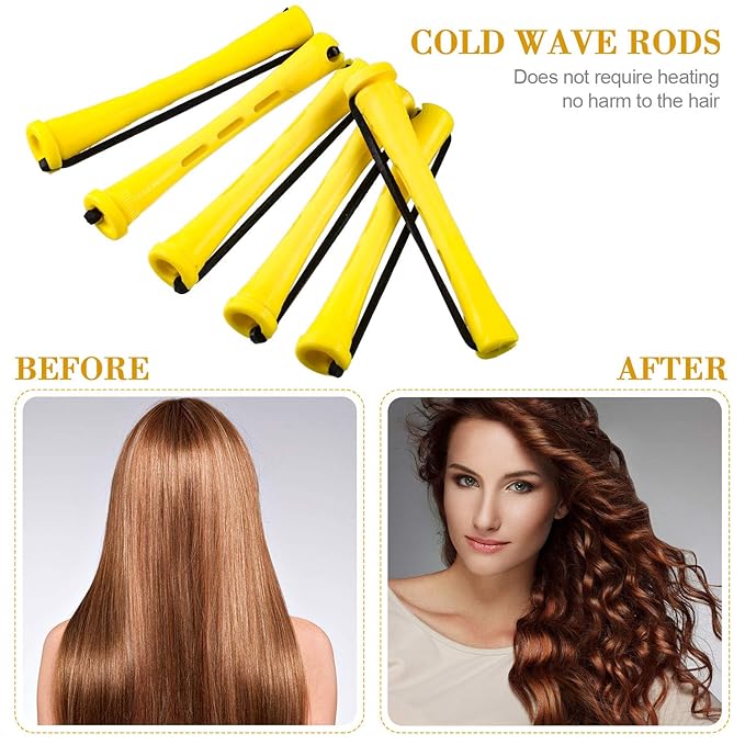48 Pieces Hair Perm Rods Short Cold Wave Rods Plastic Perming Irons Hair Curling Rollers Curlers with Steel Pintail Comb Rat Tail Comb for Hairdressing Styling Supplies(0.28 Inch,Yellow and Orange)-Velvo Beauty
