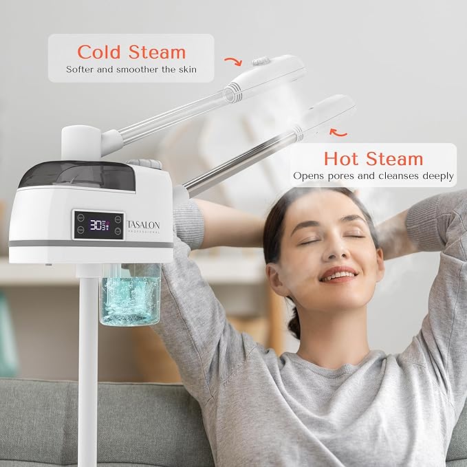 TASALON 2 in 1 Professional Facial Steamer on Wheels -with Ozone and Hot & Cold Mist, Ionic Facial Steamer Kit for Facial Deep Cleaning and Moisturize, SPA & Home, Ozone Face Humidifier (White)-Velvo Beauty