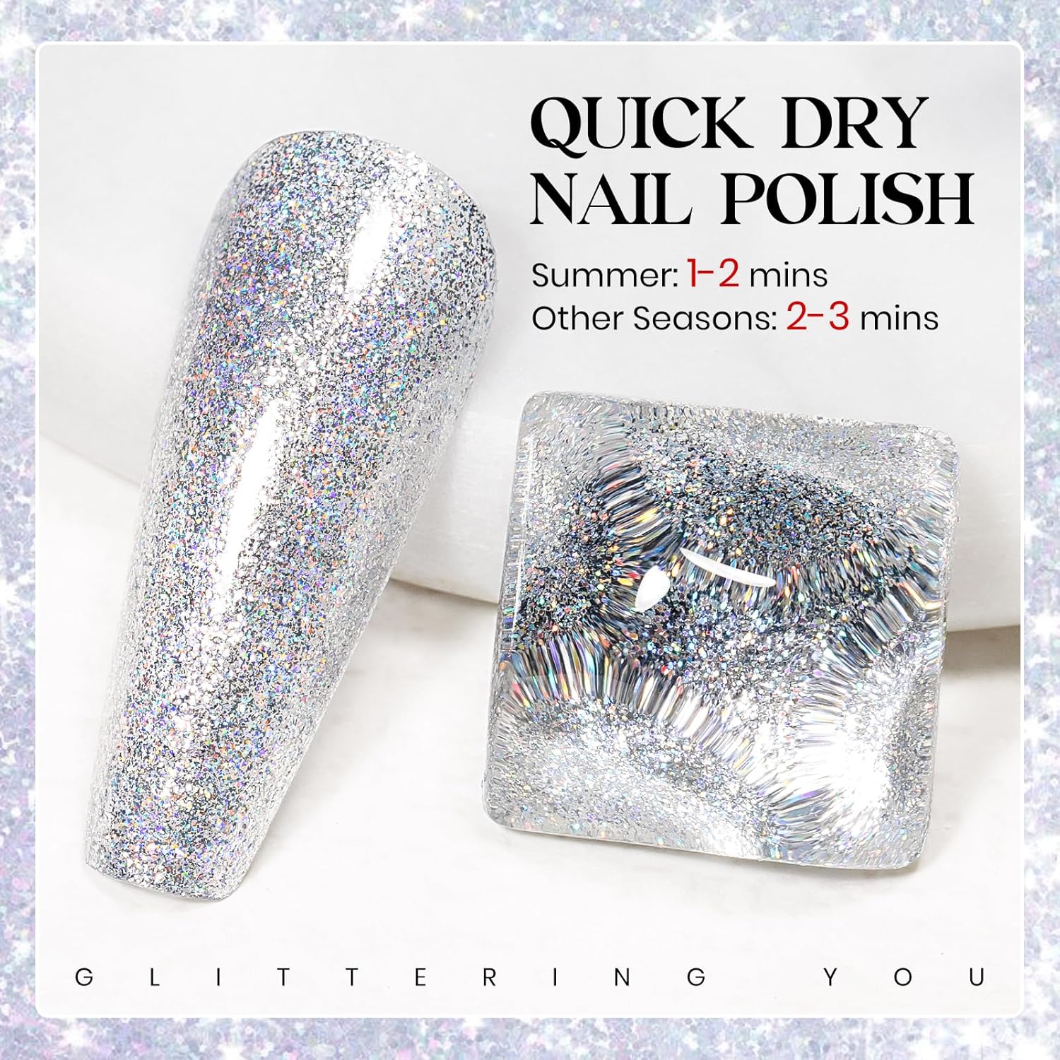 MIZHSE Quick Dry Glitter Nail Polish, Siver Rainbow Nail Polish Air Dry Fast, 15ml High Glossy Sparkly Shiny Shimmery Iridescent Silver Nail Art Salon Manicure Home-Velvo Beauty