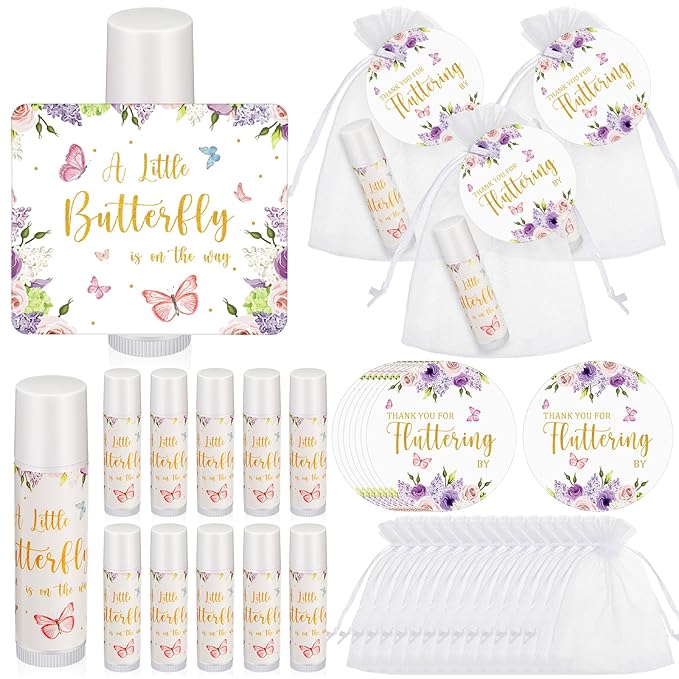 Fumete 50 Pack Butterfly Baby Shower Party Gifts Favors Bulk Lip Balms for Guests Boys Girls Neutral Gender Reveal Favors for Baby Shower Prizes Souvenirs Bags Stuffer Classroom Prizes-Velvo Beauty
