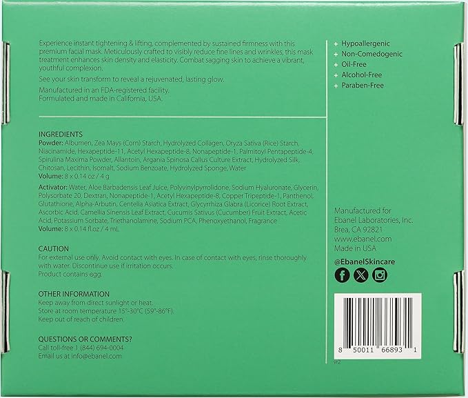 Ebanel Collagen Peptides Wash-Off Face Mask Set, 8 Pack Instant Skin Tightening and Lifting Masks, Brightening Face Mask with Niacinamide, Glutathione, Hyaluronic Acid, Vitamin C, Cica, B5, Albumen-Velvo Beauty