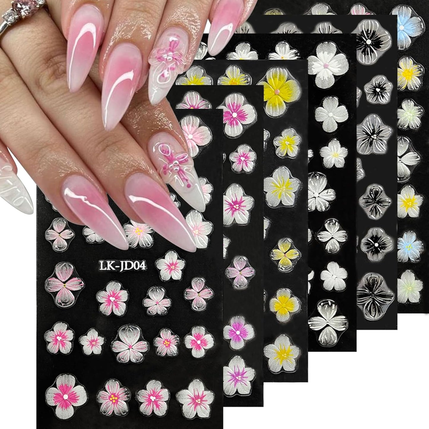 Flowers Nail Stickers 5D Embossed Nail Art 6 Sheets Colorful Nails Decals 3D Self-Adhesive Plumeria Supplies for Women Girls Manicure Nail Decoration Spring Summer Nails Design Sticker-Velvo Beauty