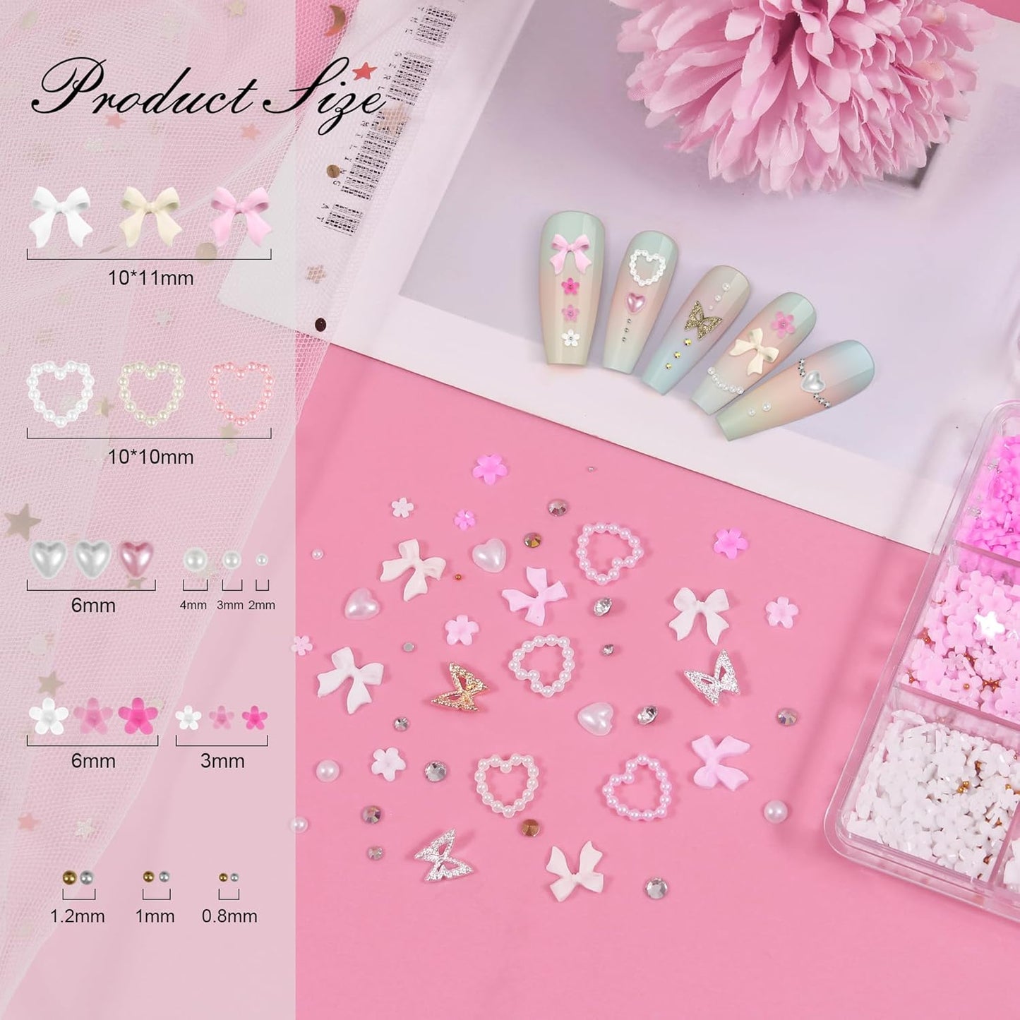 Artdone Nail Art Studs Kit, 12 grids 8 Colors 3D Charms and Pink Mix White Flower Heart Diamond Butterfly Cute Nail Jewels for DIY Decoration with Pickup Tools-Velvo Beauty