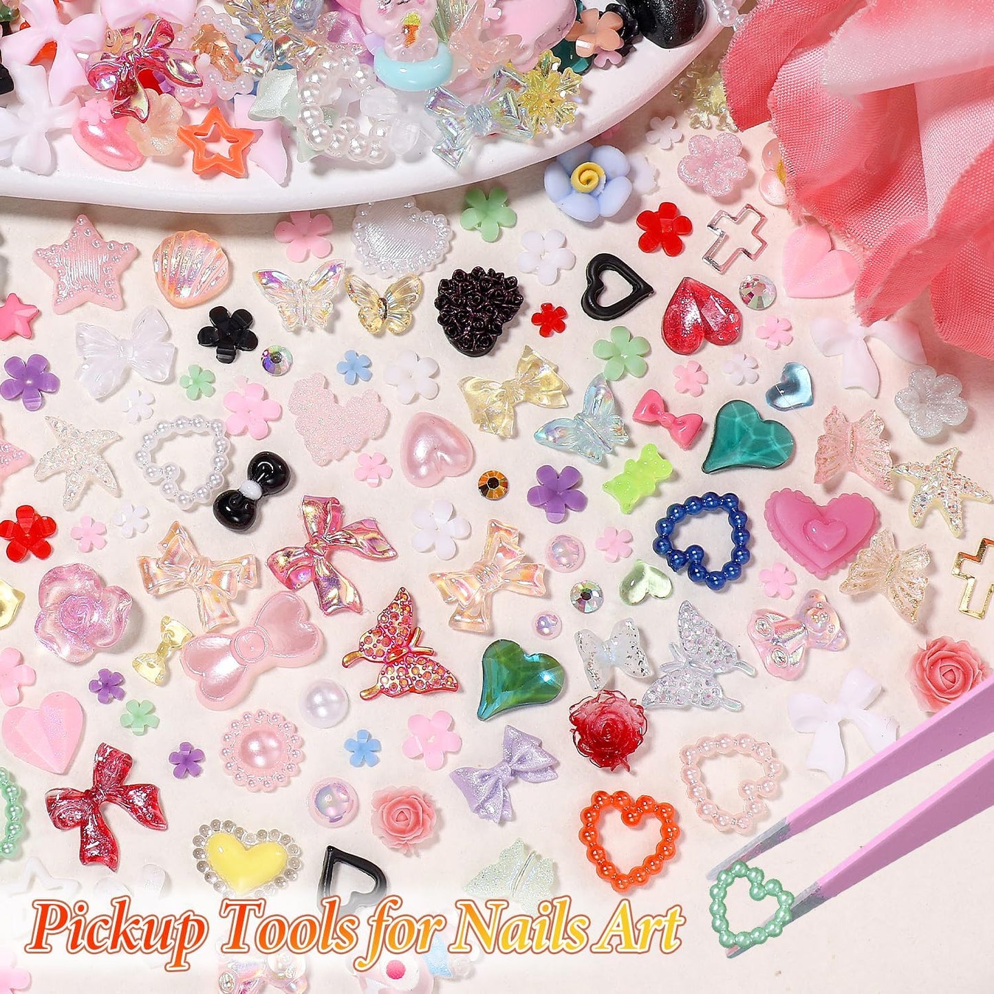 3D Nail Charms and Gems Mix Styles Butterfly Flower Bow Heart Colorful Assorted Nail Art Charm for Acrylic Nails Design, Pearls Nails Charms with Rhinestones Tiny Beads with Tweezers-Velvo Beauty