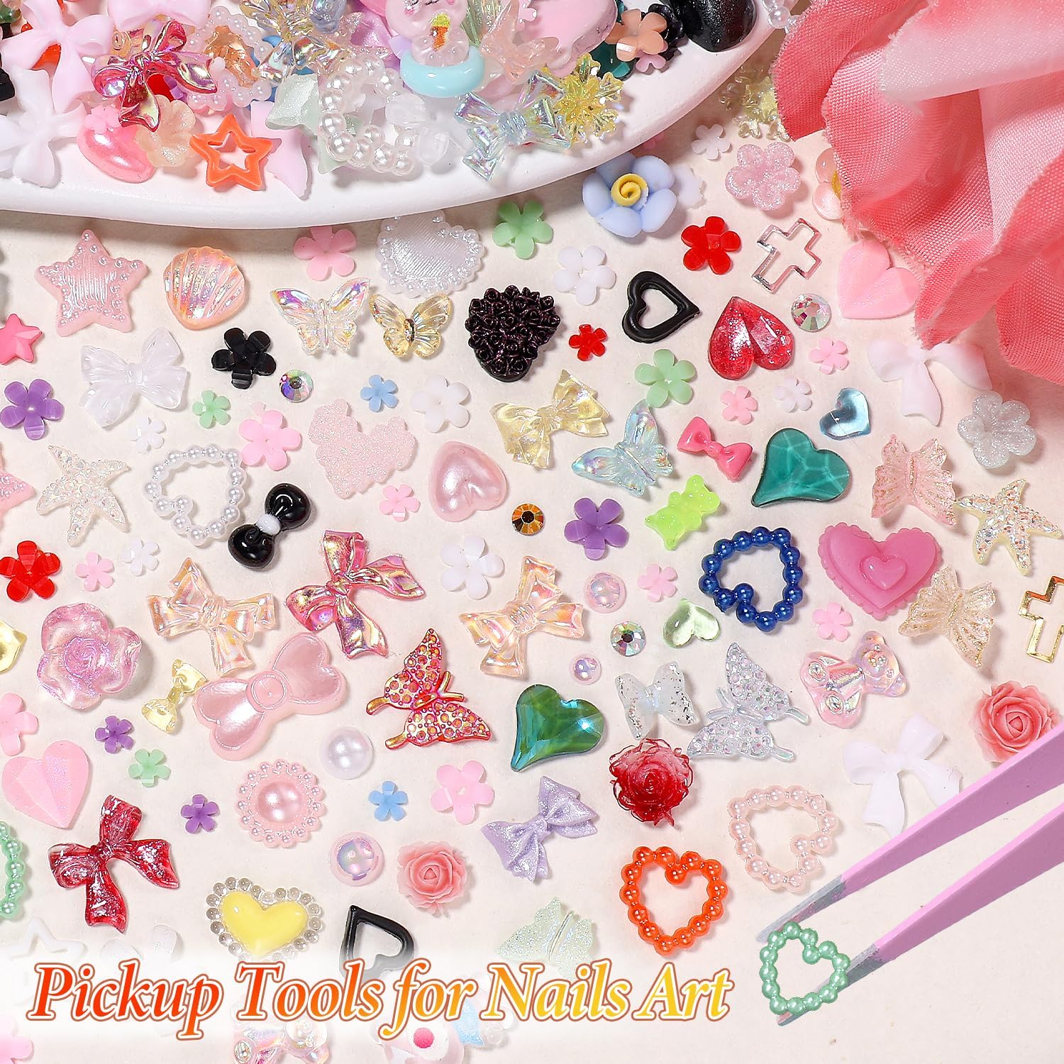 3D Nail Charms and Gems Mix Styles Butterfly Flower Bow Heart Colorful Assorted Nail Art Charm for Acrylic Nails Design, Pearls Nails Charms with Rhinestones Tiny Beads with Tweezers-Velvo Beauty