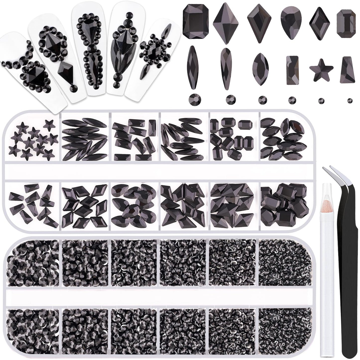 3220Pcs Black Glass Nail Rhinestones 120Pcs Multi Shapes Flatback Gems Crystal + 3100Pcs 1.5-4mm Round Beads, Manicure Diomand Jewelry Gemstones for Nail Design Makeup Acrylic Nails Decoration-Velvo Beauty