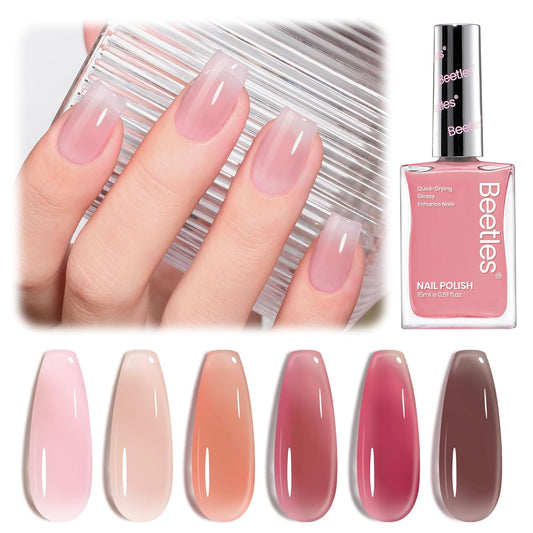 Beetles Jelly Nail Polish Set, 6 Colors Sheer Pink Nail Polish Long Lasting & Quick Dry Clear Jelly for Women, Pink Nail Strengthener Polish for Salon DIY Manicure Set-Velvo Beauty