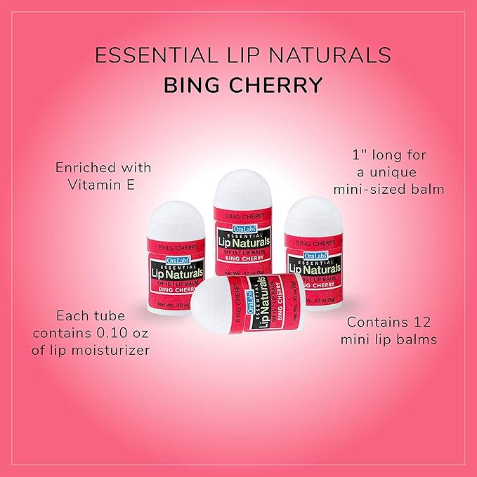 Lip Naturals® | Mini Cherry Lip Balm with Sunscreen (SPF-15) | Made in USA with Beeswax & Coconut Oil | 12-Count Mini Lip Balm Pack with Bing Cherry Flavor (0.10oz/3g Each)-Velvo Beauty