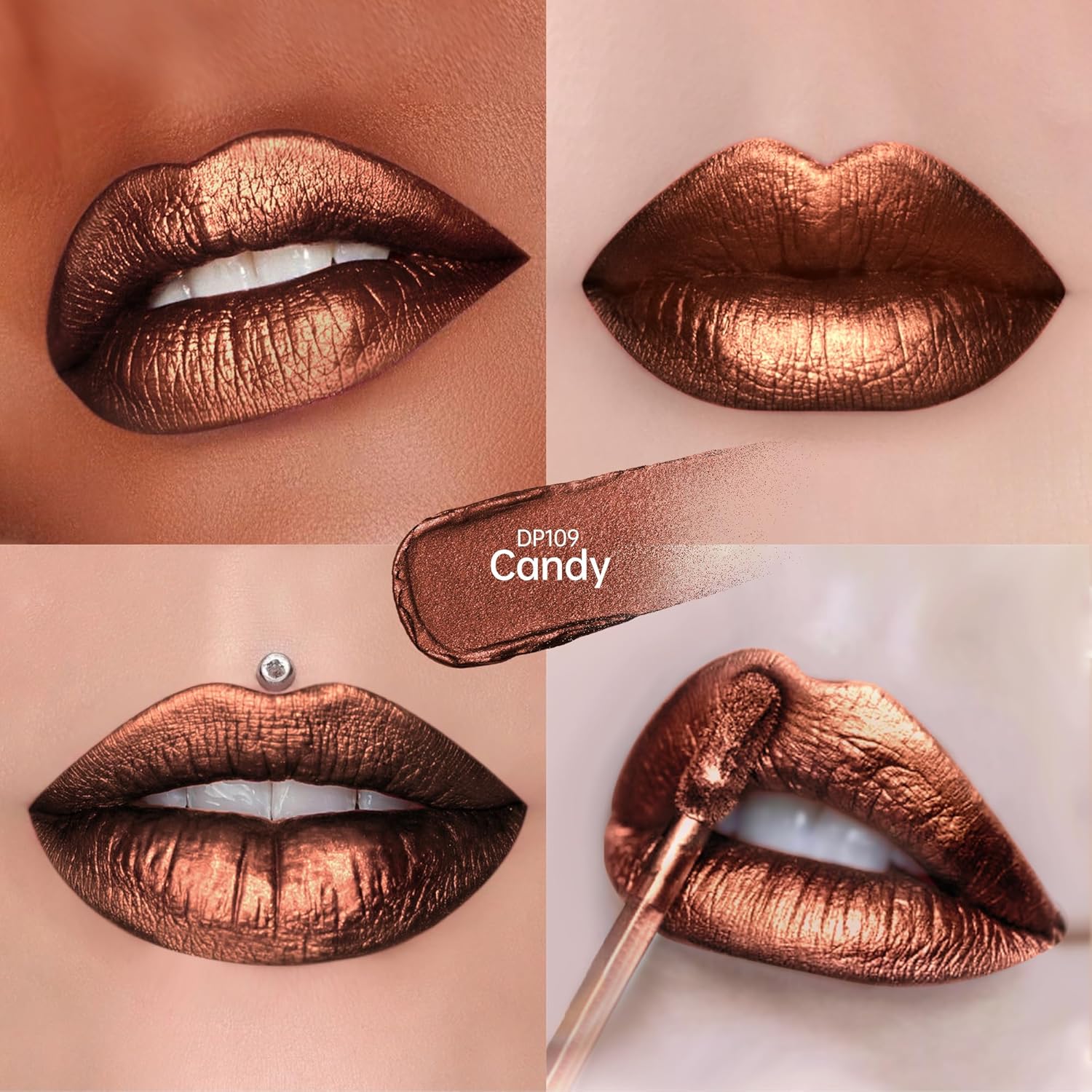 Chocolate Lipsticks for Women Metallic Lipstick Long Lasting Non Stick Cup Lip Gloss, Shimmer Lightweight Hydrating Full Coverage Lip Color, DP109 Candy-Velvo Beauty