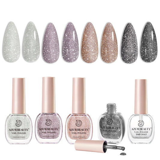 AZUREBEAUTY Matte Glitter Nail Polish Set 4 Colors Diamond Platinum Silver Purple Black Nude Nail Polish Quick Dry Natural Nail Kit with Top Coat DIY Salon Home-Velvo Beauty