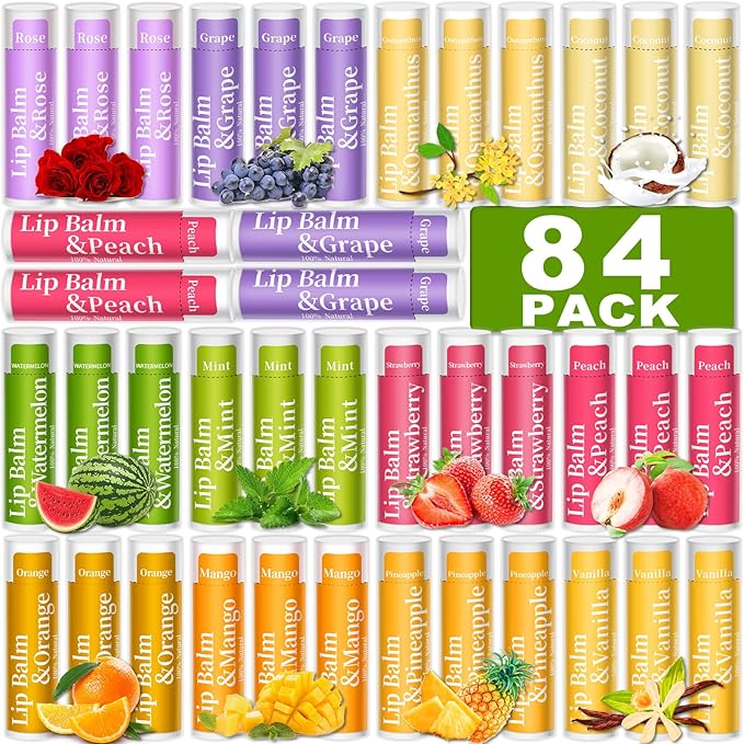 84 Pack of Lip Balm, 12 Flavored Lip Balms Natural Organic Vitamin E Lip Balm Pack for Dry Cracked Lips, Moisturising Lip Balm Bulk Gifts Stocking Stuffers Party Favors(4.2g/0.15oz)-Velvo Beauty