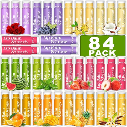 84 Pack of Lip Balm, 12 Flavored Lip Balms Natural Organic Vitamin E Lip Balm Pack for Dry Cracked Lips, Moisturising Lip Balm Bulk Gifts Stocking Stuffers Party Favors(4.2g/0.15oz)-Velvo Beauty