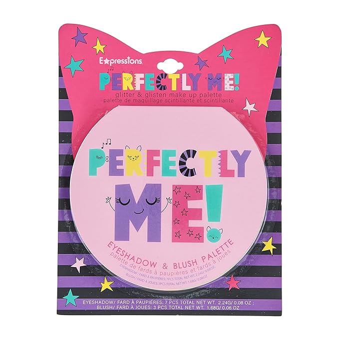 Expressions Perfectly Me Glisten & Glitter Makeup Palette 10 Color Eyeshadow Palette & Blush Makeup Novelty Beauty Set, Fold Out Compact with Mirror, Cute Makeup Kit Gifts - Washable, Non-Toxic-Velvo Beauty