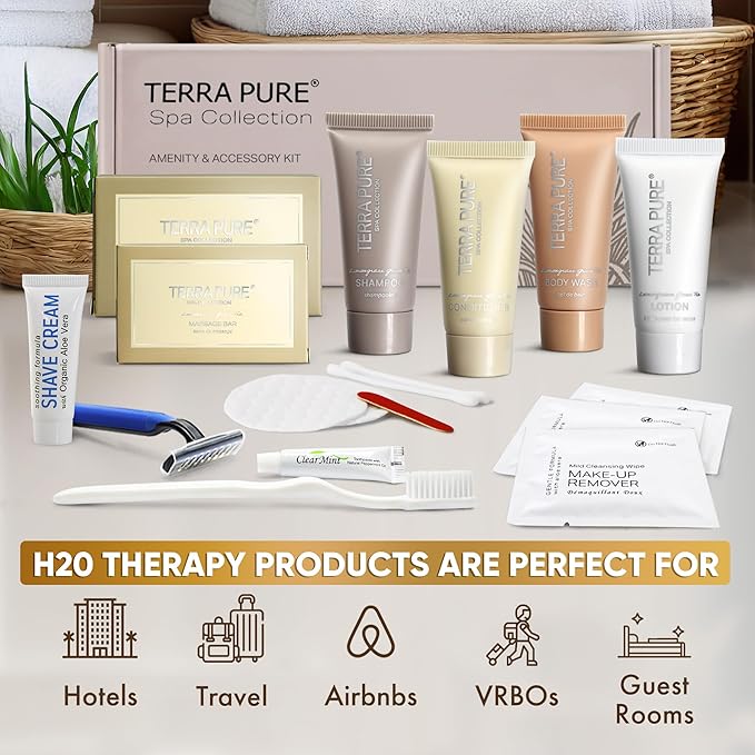 Terra Pure Spa Collection Amenity & Accessory Kit |1 oz Travel Size Shampoo, Conditioner, Lotion, Body Wash, 2 Soap Bars, Shave & Dental Sets, Make-Up Remover Wipes, & Vanity Kit | 15 sets/case-Velvo Beauty
