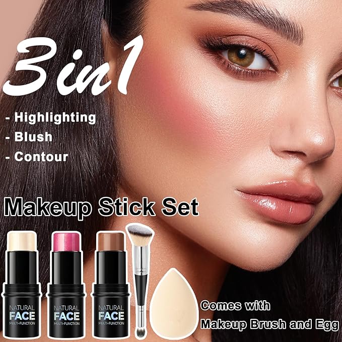 3Pcs Cream Contour Stick Makeup Kit, Shades with Highlighter Stick, Blush Stick and Bronzer Contour Stick for Sculpt the Cheeks, Long Lasting, Waterproof, Matte & Dewy Finish (LIGHT)-Velvo Beauty