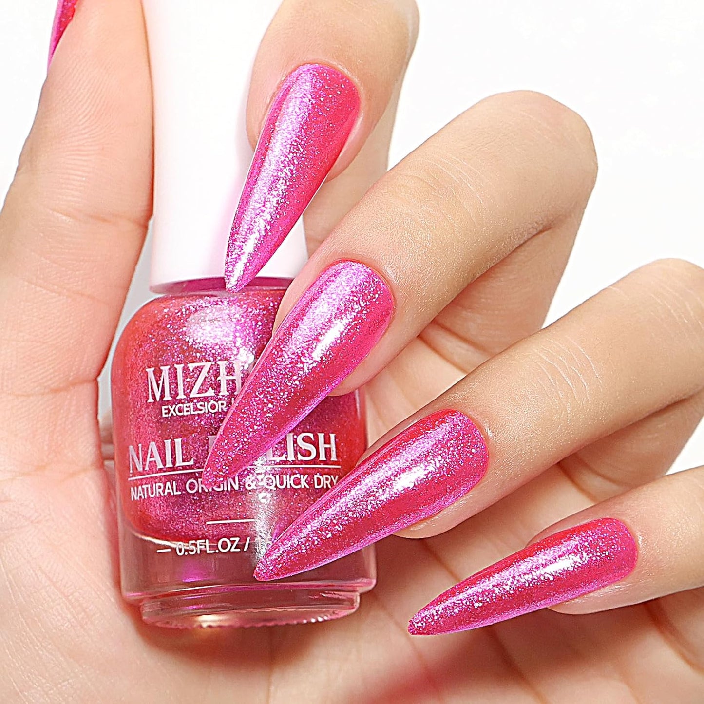 MIZHSE Quick Dry Glitter Rose Red Nail Polish, Shimmery Nail Polish Fast Drying, 15ml High Glossy Sparkly Shiny Nail Lacquer Nail Art Salon Manicure Home-Velvo Beauty