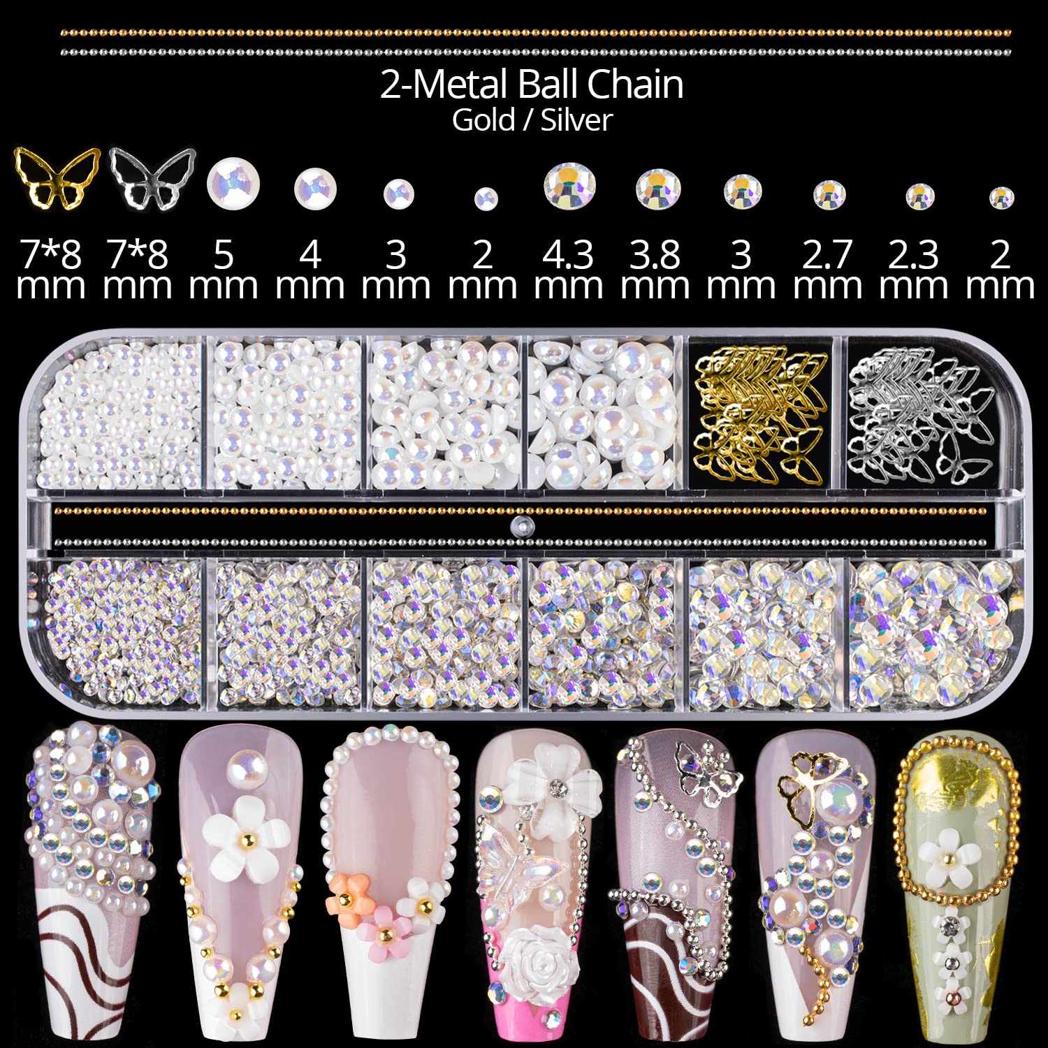 Mixed 3D Nail Art Gem Decoration Accessories Kit #7, Aurora Bear Bow Butterfly Starry AB Rhinestone Charm Jewelry for Deco, Pearl Flower Caviar Bead Stone Crystal with Pickup Pencil and Tweezer-Velvo Beauty