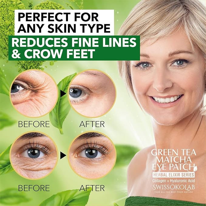 SWISSÖKOLAB Under Eye Patches For Puffy Eyes 24k Gold Eye Mask Dark Circles And Puffiness Collagen Eye Gel Pads Moisturizing & Reducing Wrinkles Anti-Aging Hyaluronic Acid (Green Tea)-Velvo Beauty